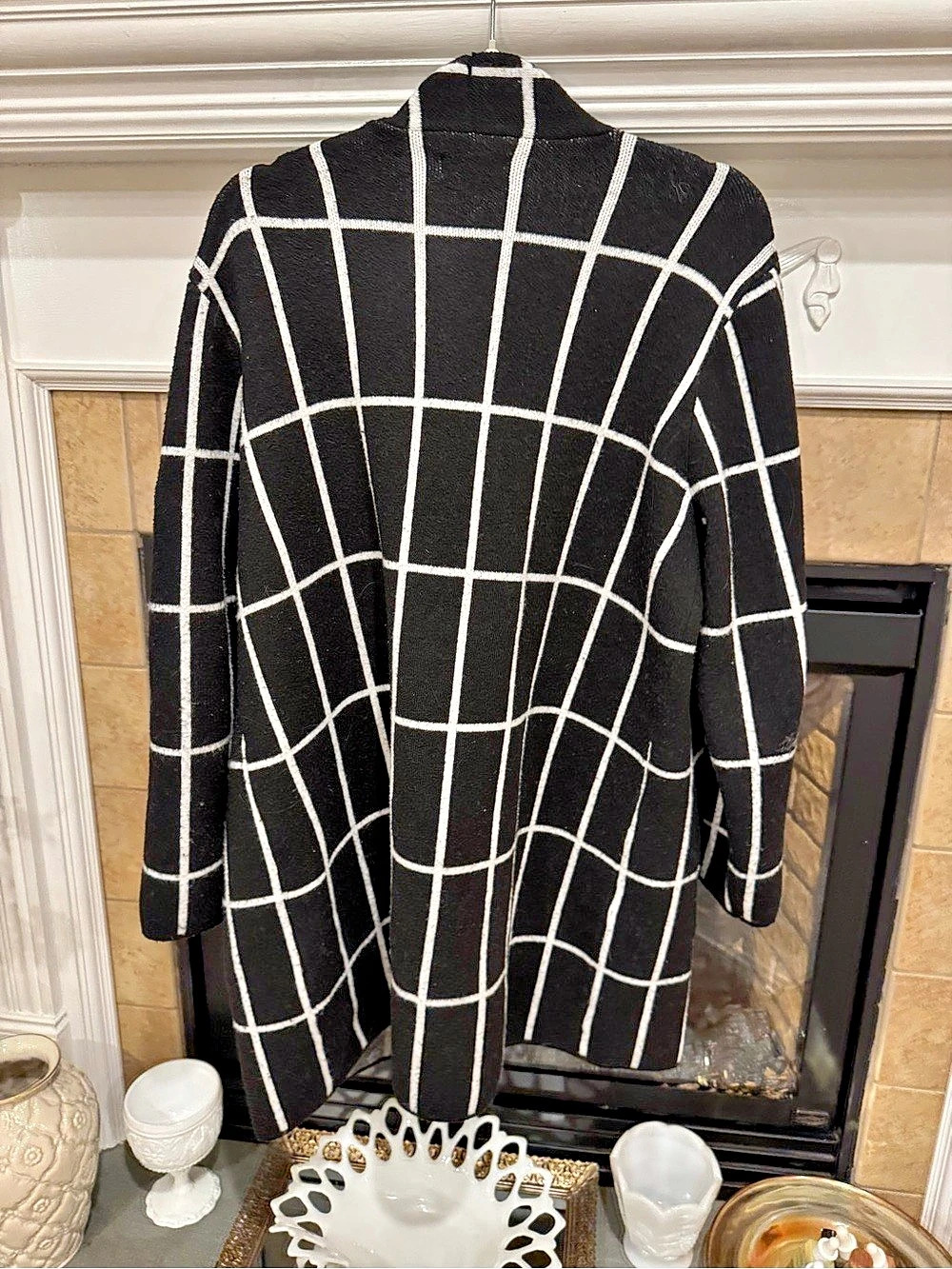 ✨ Nine West Black White Windowpane Plaid Longline Cardigan XL EUC ✨ - Picture 2 of 5